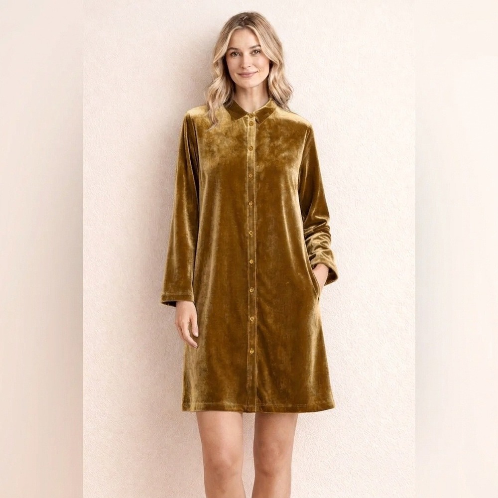 Garnet Hill Silk Blend Velvet Shirtdress Tunic Small Brown Gold Pockets EUC